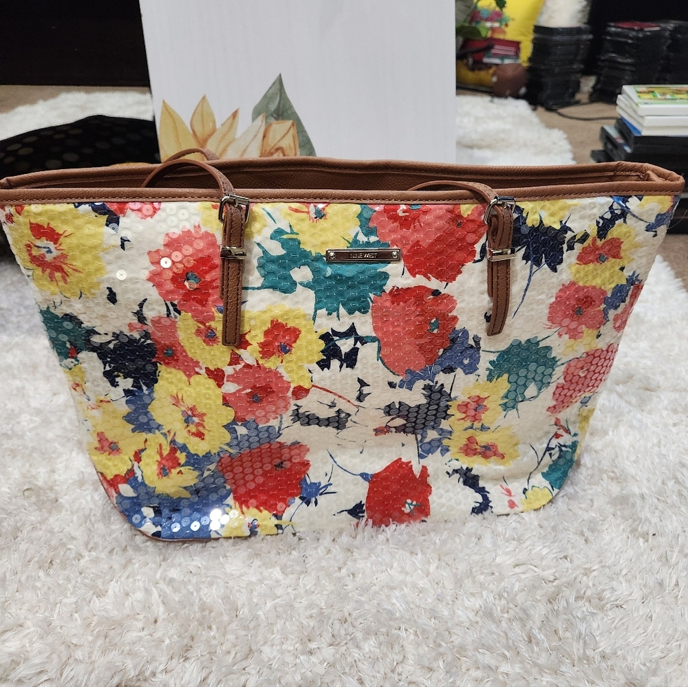 Nine West Multicolor Sequin Floral Tote with Brown Handles